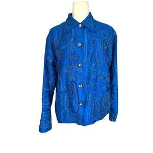 CHICOS 100% Silk Blue Beaded Blazer Artsy Button Lined Embroidered Office Small